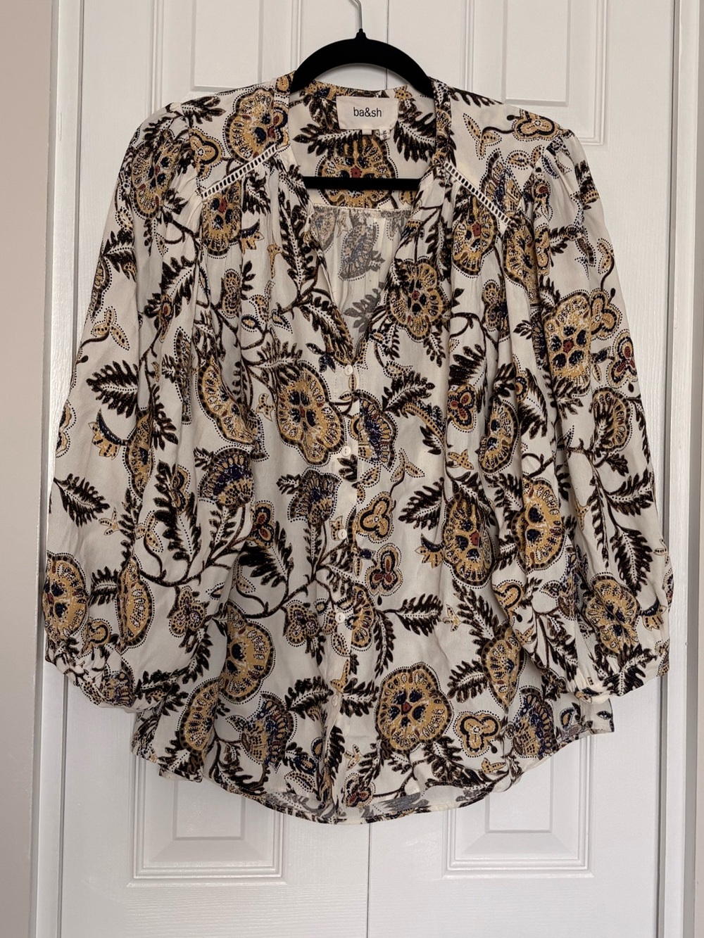 ba&sh Cream Button-Front Floral Peasant Blouse